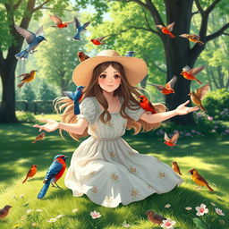 A serene and whimsical scene featuring a teenage girl enjoying a sunny day in a picturesque park, surrounded by various colorful birds