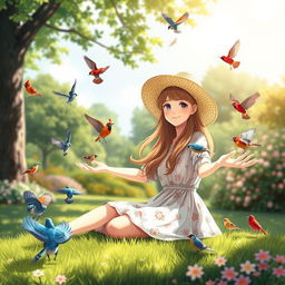 A serene and whimsical scene featuring a teenage girl enjoying a sunny day in a picturesque park, surrounded by various colorful birds