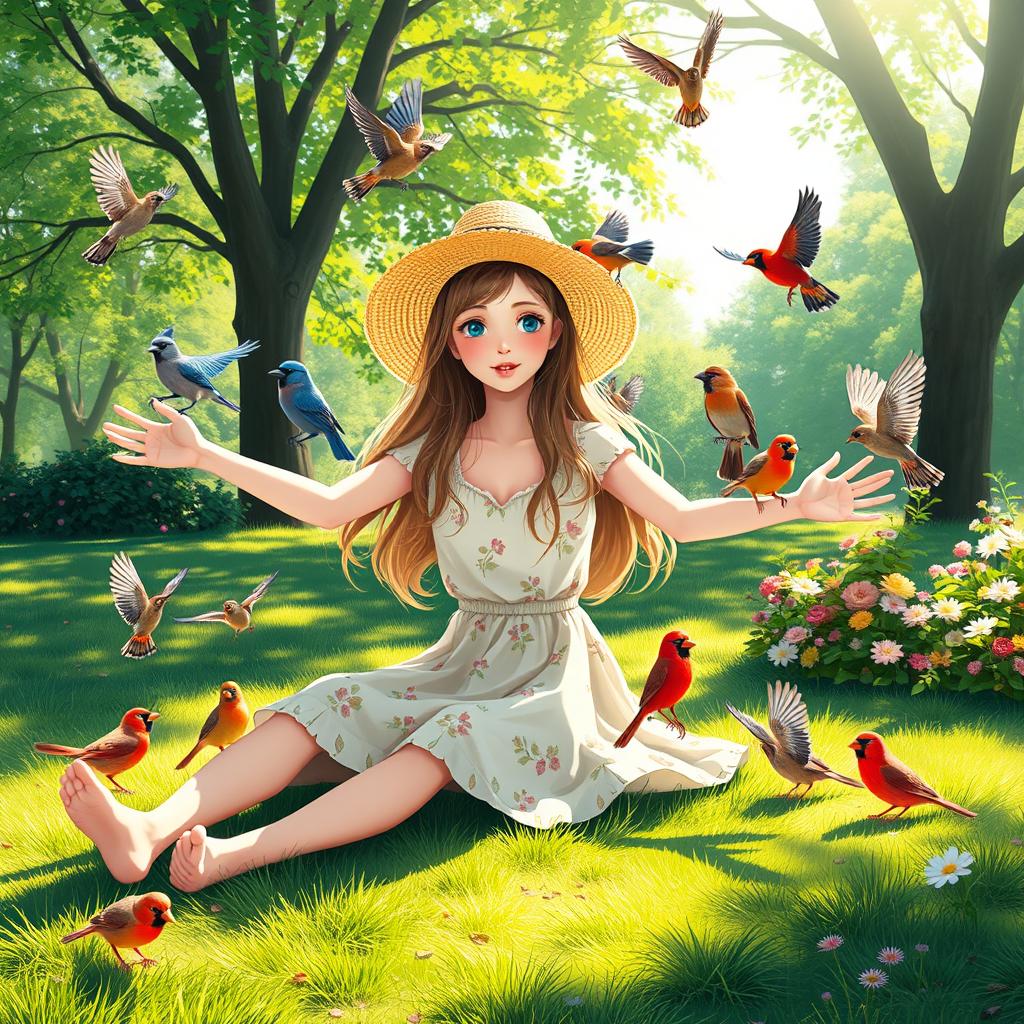 A serene and whimsical scene featuring a teenage girl enjoying a sunny day in a picturesque park, surrounded by various colorful birds