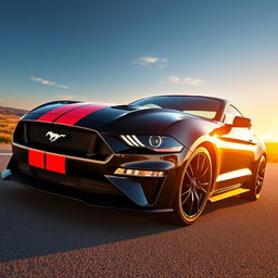 A sleek 2024 Ford Mustang GT in black with striking red racing stripes