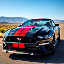 A sleek 2024 Ford Mustang GT in black with striking red racing stripes