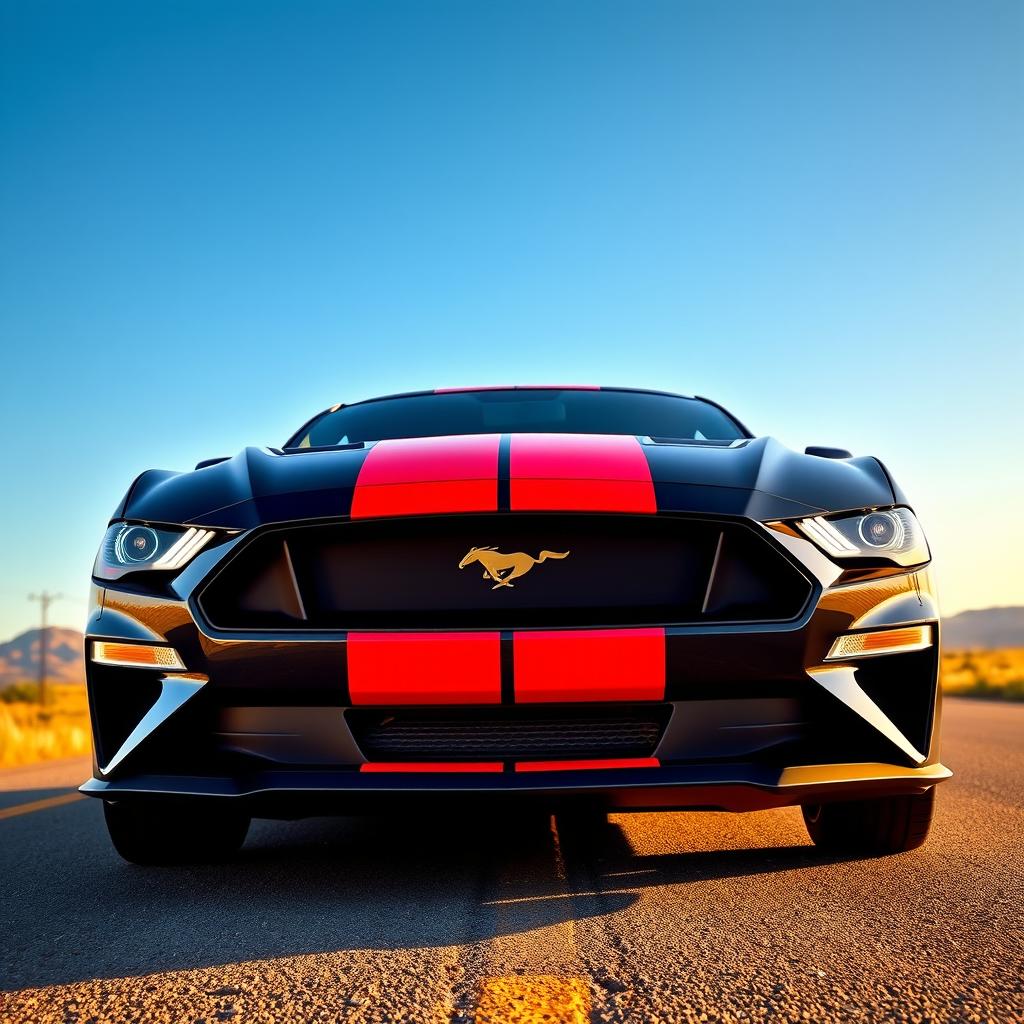 A sleek 2024 Ford Mustang GT in black with striking red racing stripes