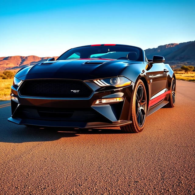 A sleek 2024 Ford Mustang GT in black with striking red racing stripes