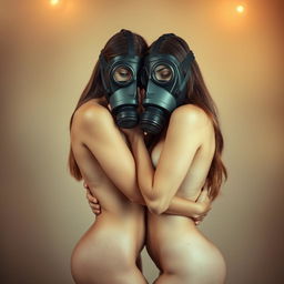 Two hot slim naked girls with big breasts wearing gas masks, cuddling together in an intimate and playful embrace