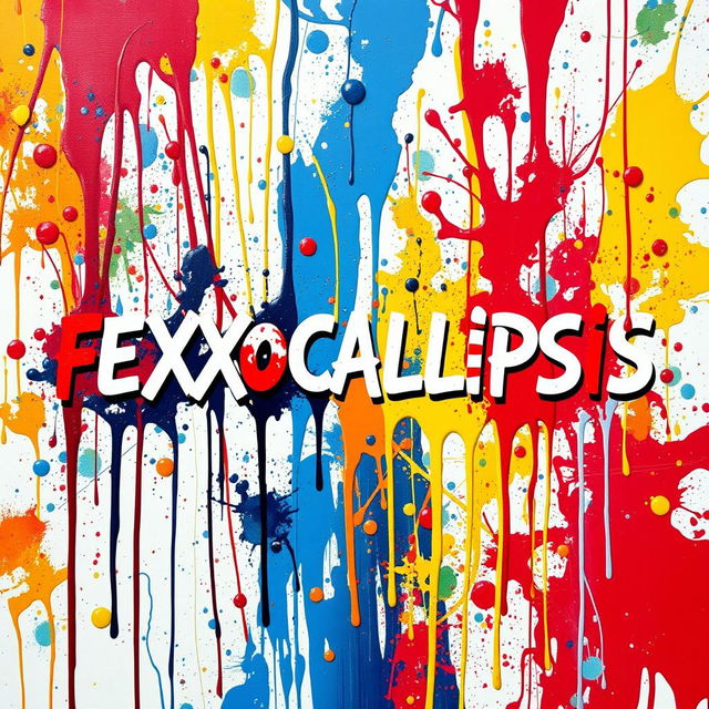 The word 'FEXXOCALIPSIS' artistically integrated into a vibrant and dynamic background of paint splashes and drips, conveying a sense of movement and creativity