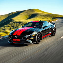 A stunning 2024 Ford Mustang in black with vibrant red racing stripes