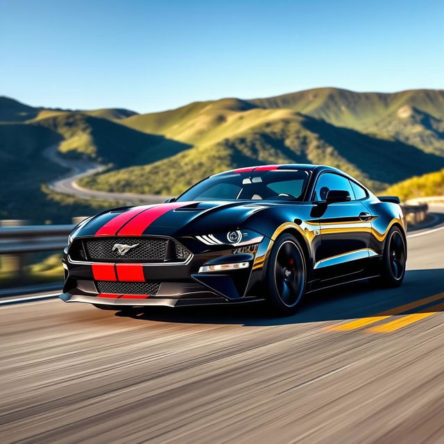 A stunning 2024 Ford Mustang in black with vibrant red racing stripes