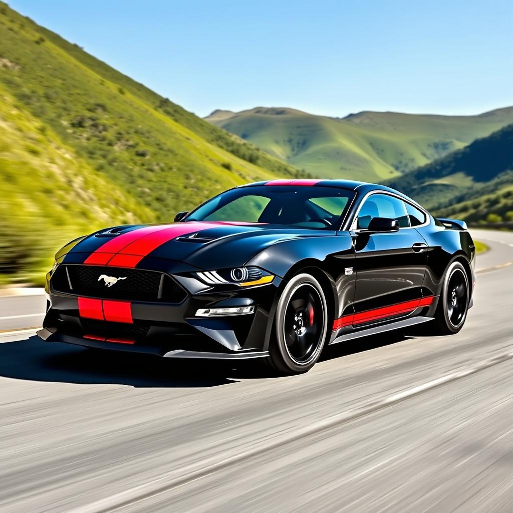 A stunning 2024 Ford Mustang in black with vibrant red racing stripes