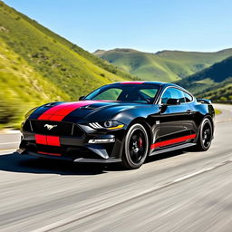 A stunning 2024 Ford Mustang in black with vibrant red racing stripes