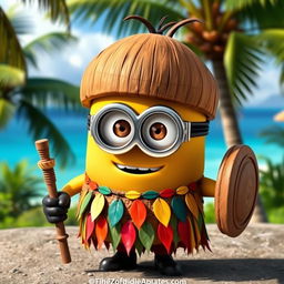 A Minion dressed as a Kakamora, the mischievous coconut pirates from Disney's Moana