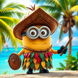 A Minion dressed as a Kakamora, the mischievous coconut pirates from Disney's Moana