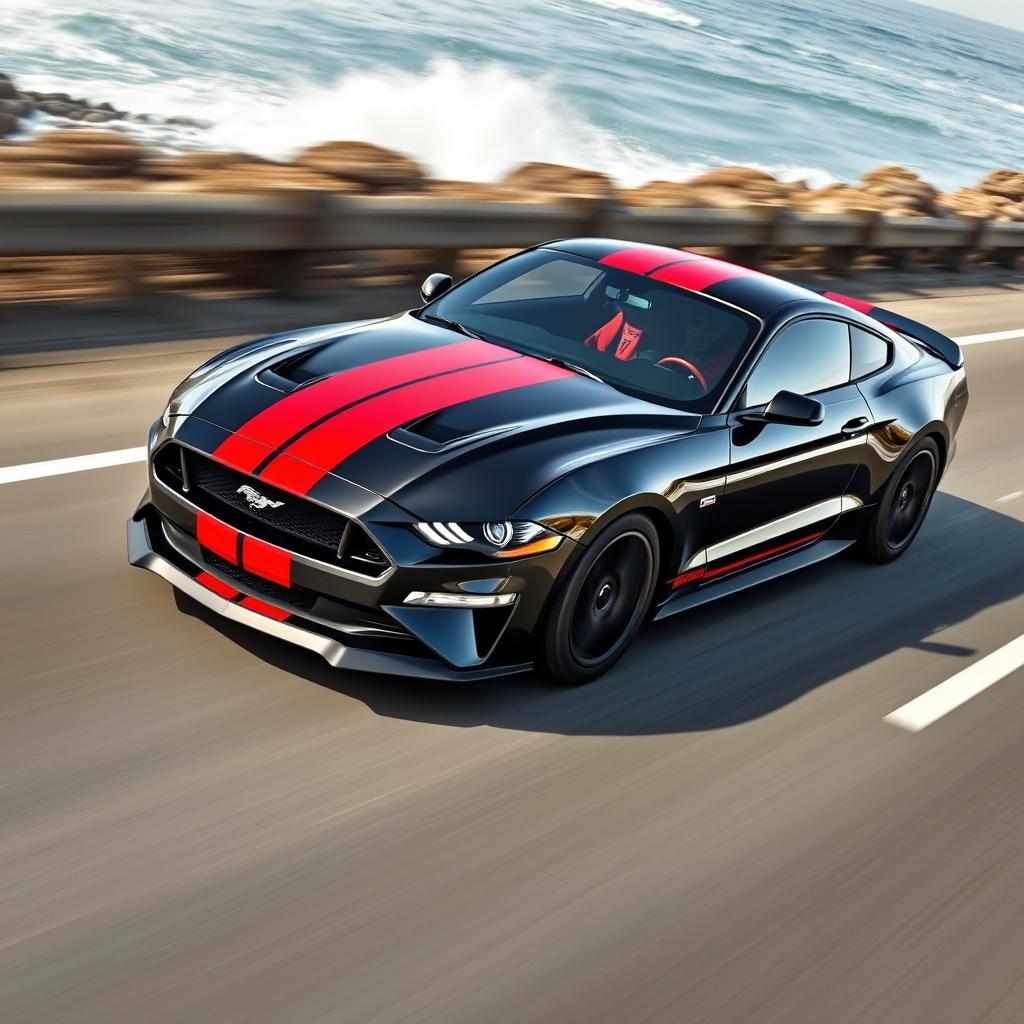 A striking 2025 Ford Mustang in black adorned with bold red racing stripes