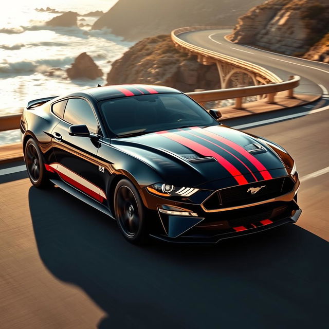 A striking 2025 Ford Mustang in black adorned with bold red racing stripes