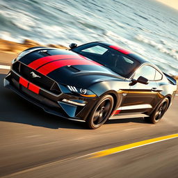A striking 2025 Ford Mustang in black adorned with bold red racing stripes