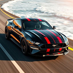 A striking 2025 Ford Mustang in black adorned with bold red racing stripes