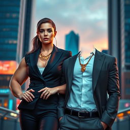 A confident girl in a stylish suit, wearing a stunning gold necklace, standing next to a very cool muscle man