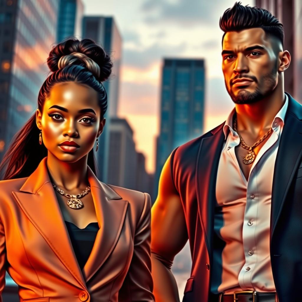 A confident girl in a stylish suit, wearing a stunning gold necklace, standing next to a very cool muscle man