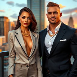 A confident girl in a stylish suit, wearing a stunning gold necklace, standing next to a very cool muscle man
