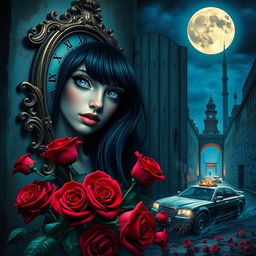 A beautiful and stunning girl with long, dangerous black hair and piercing blue eyes, set in a psychedelic Salvador Dali-inspired dreamlike world