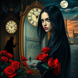 A beautiful and stunning girl with long, dangerous black hair and piercing blue eyes, set in a psychedelic Salvador Dali-inspired dreamlike world