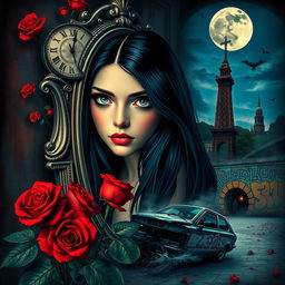 A beautiful and stunning girl with long, dangerous black hair and piercing blue eyes, set in a psychedelic Salvador Dali-inspired dreamlike world