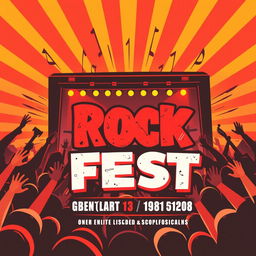 A vibrant and energetic rock fest card design featuring a colorful background of a lively concert scene with excited fans and a powerful rock band performing on stage