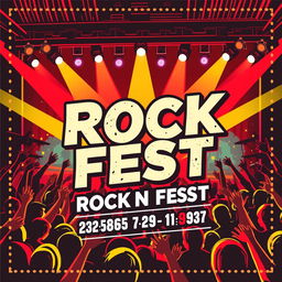 A vibrant and energetic rock fest card design featuring a colorful background of a lively concert scene with excited fans and a powerful rock band performing on stage