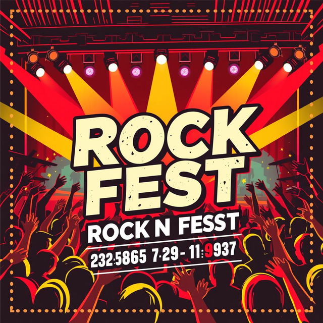 A vibrant and energetic rock fest card design featuring a colorful background of a lively concert scene with excited fans and a powerful rock band performing on stage