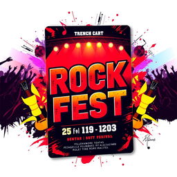 A vibrant and energetic rock fest card design featuring a colorful background of a lively concert scene with excited fans and a powerful rock band performing on stage