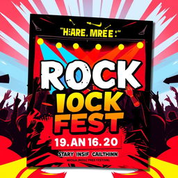 A vibrant and energetic rock fest card design featuring a colorful background of a lively concert scene with excited fans and a powerful rock band performing on stage