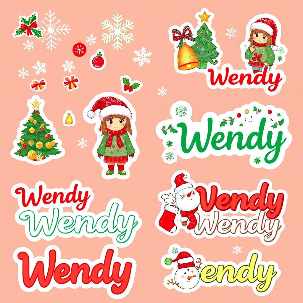 30 Christmas-themed stickers featuring the name 'Wendy'