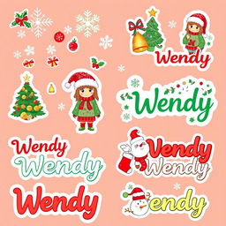 30 Christmas-themed stickers featuring the name 'Wendy'