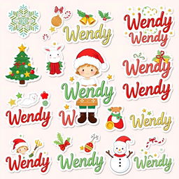 30 Christmas-themed stickers featuring the name 'Wendy'