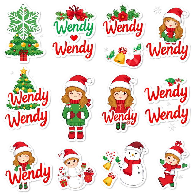 30 Christmas-themed stickers featuring the name 'Wendy'