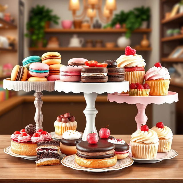 A beautifully arranged display of assorted desserts including colorful macarons, rich chocolate éclairs, creamy fruit tarts, and delicate cupcakes, all artistically presented on elegant vintage cake stands