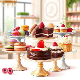 A beautifully arranged display of assorted desserts including colorful macarons, rich chocolate éclairs, creamy fruit tarts, and delicate cupcakes, all artistically presented on elegant vintage cake stands
