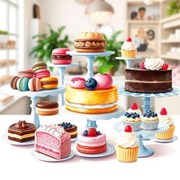 A beautifully arranged display of assorted desserts including colorful macarons, rich chocolate éclairs, creamy fruit tarts, and delicate cupcakes, all artistically presented on elegant vintage cake stands