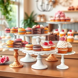 A beautifully arranged display of assorted desserts including colorful macarons, rich chocolate éclairs, creamy fruit tarts, and delicate cupcakes, all artistically presented on elegant vintage cake stands