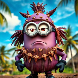 A Minion dressed as a Kakamora with a fierce expression