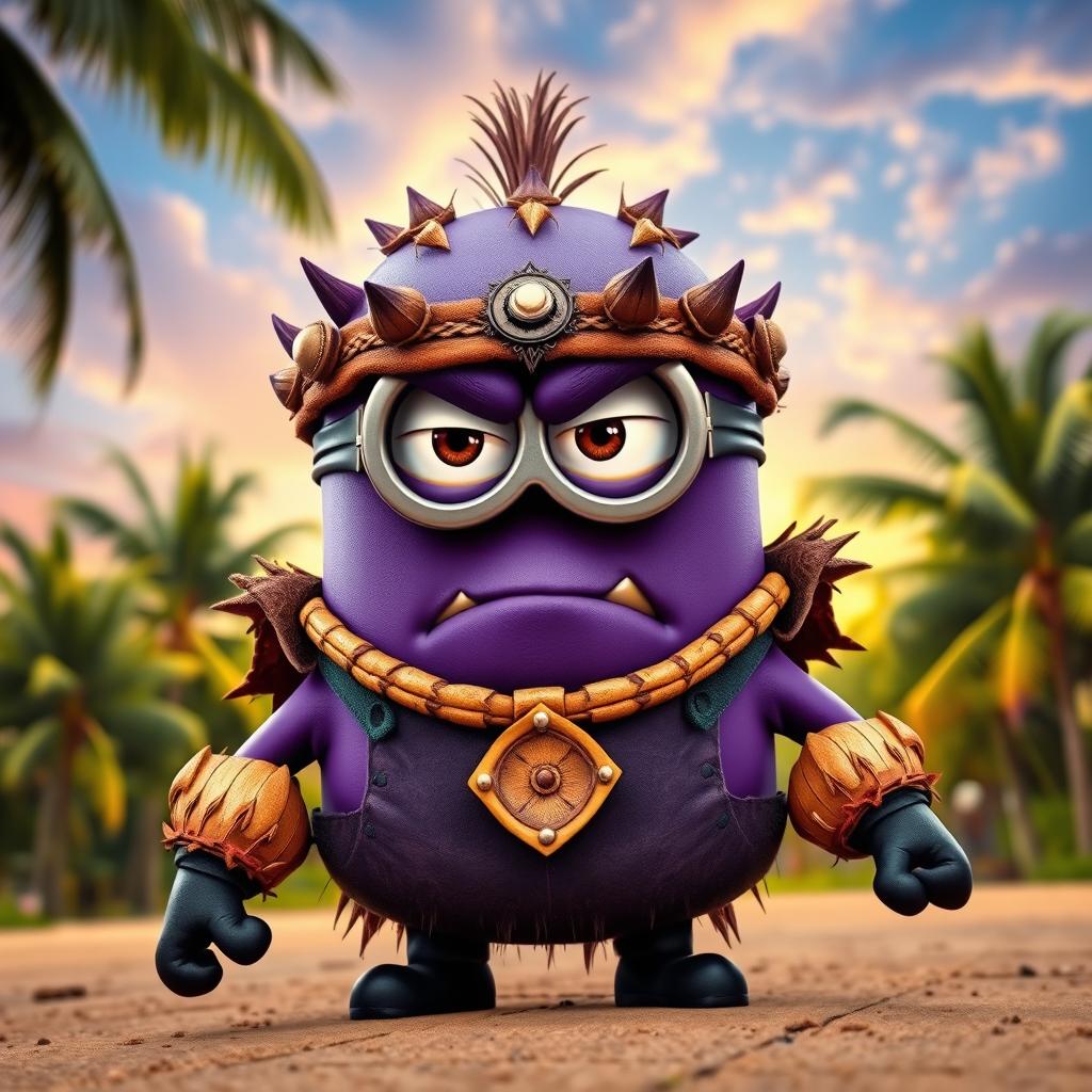 A Minion dressed as a Kakamora with a fierce expression