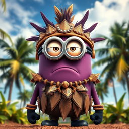 A Minion dressed as a Kakamora with a fierce expression