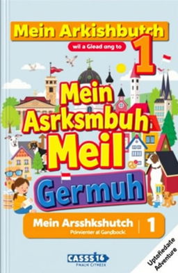 A vibrant and engaging book cover for a class 6 German workbook titled 'Mein Arbeitsbuch 1'