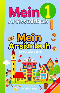 A vibrant and engaging book cover for a class 6 German workbook titled 'Mein Arbeitsbuch 1'