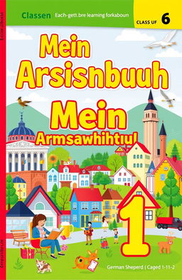 A vibrant and engaging book cover for a class 6 German workbook titled 'Mein Arbeitsbuch 1'