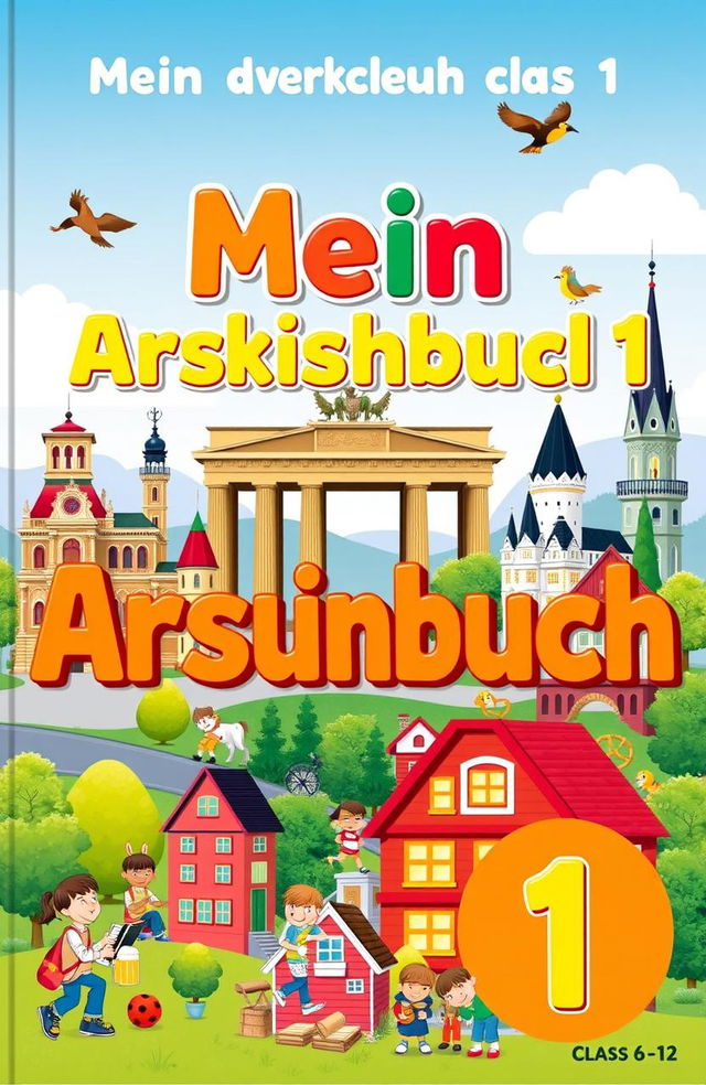 A vibrant and engaging book cover for a class 6 German workbook titled 'Mein Arbeitsbuch 1'