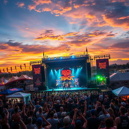 An exhilarating rock festival scene, featuring vibrant concert stages with dynamic lights and decorations, a large crowd of enthusiastic fans raising their arms and cheering, diverse rock bands performing passionately on stage