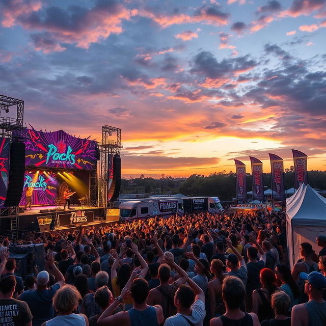 An exhilarating rock festival scene, featuring vibrant concert stages with dynamic lights and decorations, a large crowd of enthusiastic fans raising their arms and cheering, diverse rock bands performing passionately on stage