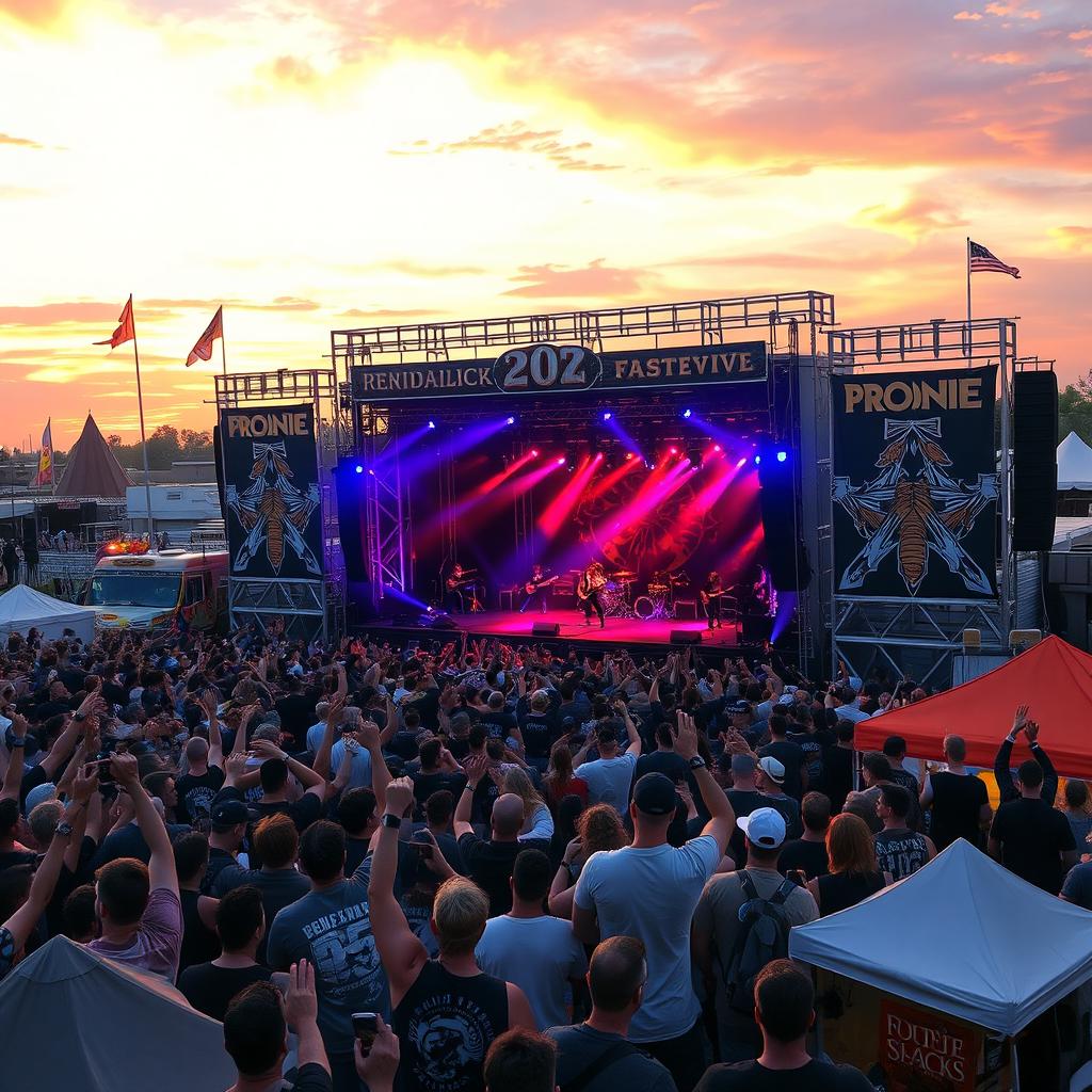 An exhilarating rock festival scene, featuring vibrant concert stages with dynamic lights and decorations, a large crowd of enthusiastic fans raising their arms and cheering, diverse rock bands performing passionately on stage