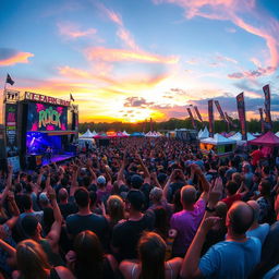 An exhilarating rock festival scene, featuring vibrant concert stages with dynamic lights and decorations, a large crowd of enthusiastic fans raising their arms and cheering, diverse rock bands performing passionately on stage
