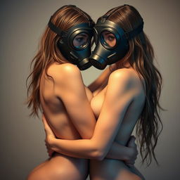 Two hot slim naked girls with big breasts wearing gas masks, cuddling together in a tender and playful manner
